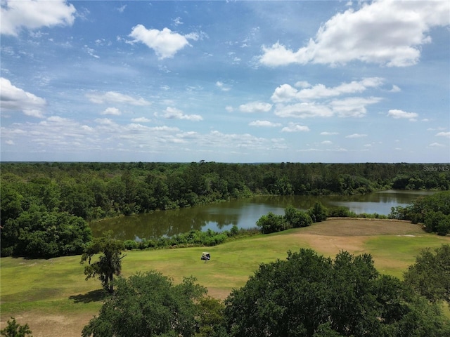 view of water feature with golf course view and a wooded view