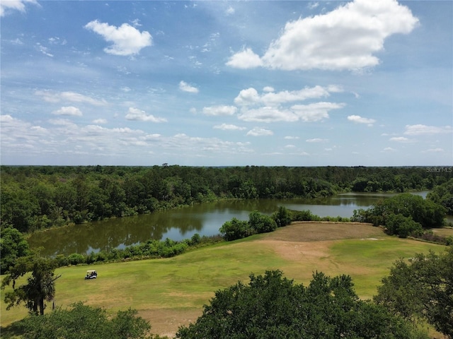 water view with view of golf course and a wooded view