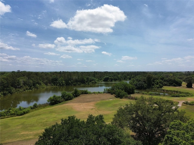 view of water feature with a view of trees and golf course view