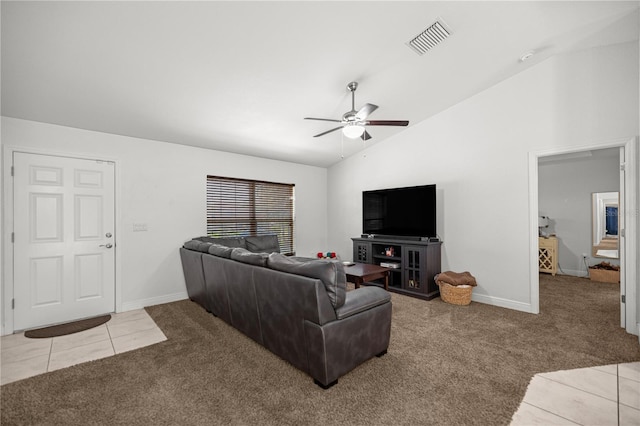 6306 Pecan Crse, Ocala, FL 34472 - carpeted living room featuring vaulted ceiling, a ceiling fan, baseboards, and tile patterned floors