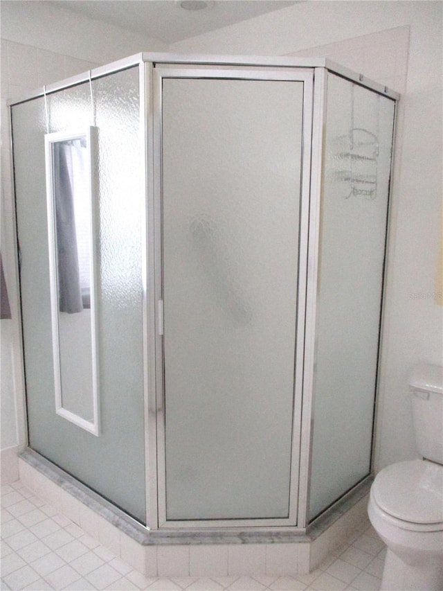 bathroom featuring tile patterned floors, toilet, and a shower stall
