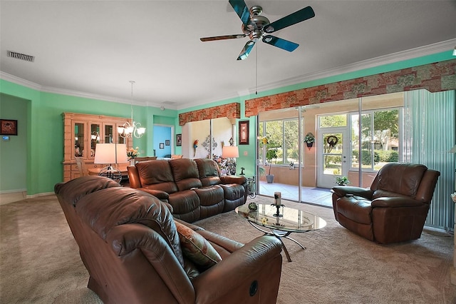 carpeted living room featuring baseboards, ornamental molding, ceiling fan with notable chandelier, and visible vents