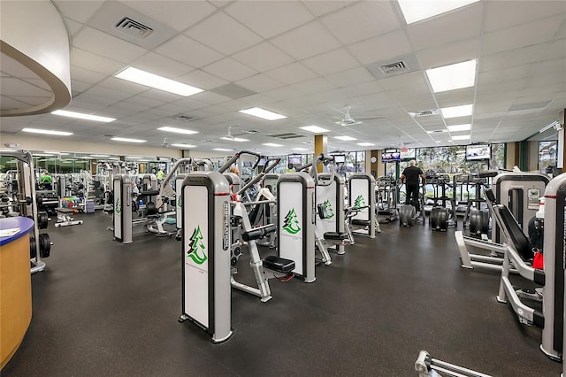 workout area with visible vents and a paneled ceiling