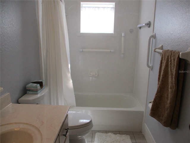full bathroom featuring toilet, tile patterned floors, shower / bathtub combination with curtain, and vanity