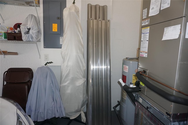 utilities with electric water heater, heating unit, and electric panel