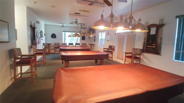 recreation room with ceiling fan, carpet flooring, and pool table
