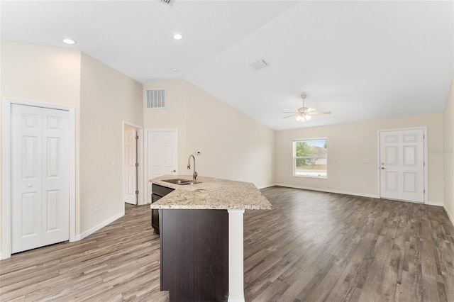 69 Juniper Trail Loop, Ocala, FL 34480 - kitchen featuring a ceiling fan, visible vents, a sink, vaulted ceiling, and wood finished floors