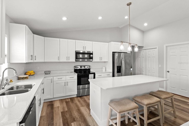 9 Walnut Run, Ocala, FL 34480 - kitchen with wood finished floors, a kitchen bar, a sink, appliances with stainless steel finishes, and vaulted ceiling