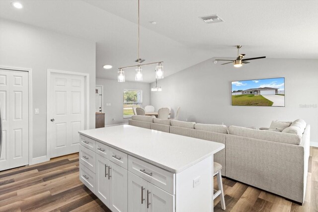 9 Walnut Run, Ocala, FL 34480 - kitchen featuring lofted ceiling, open floor plan, visible vents, and a ceiling fan