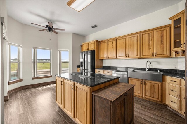 kitchen with ceiling fan, a sink, stainless steel appliances, dark wood-type flooring, and a kitchen island
