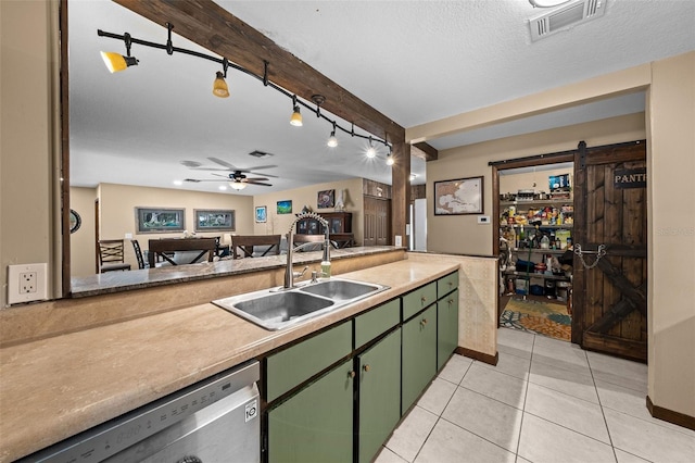 4710 SE 30th Ct, Ocala, FL 34480 - kitchen with visible vents, a ceiling fan, a sink, dishwasher, and green cabinets