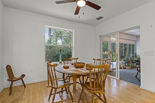 dining area featuring light wood-style floors, ceiling fan, healthy amount of natural light, and baseboards
