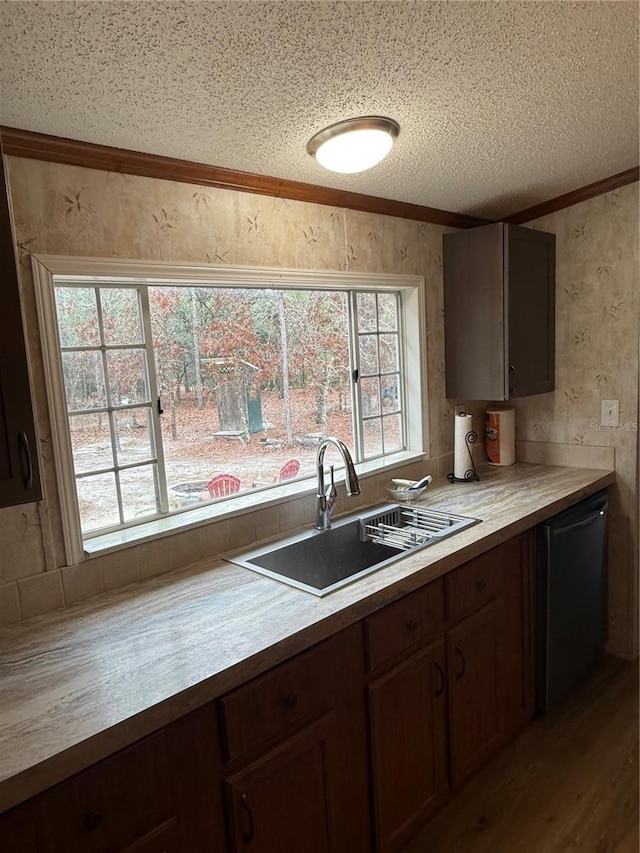 kitchen with crown molding, a sink, light countertops, a textured ceiling, and dishwashing machine