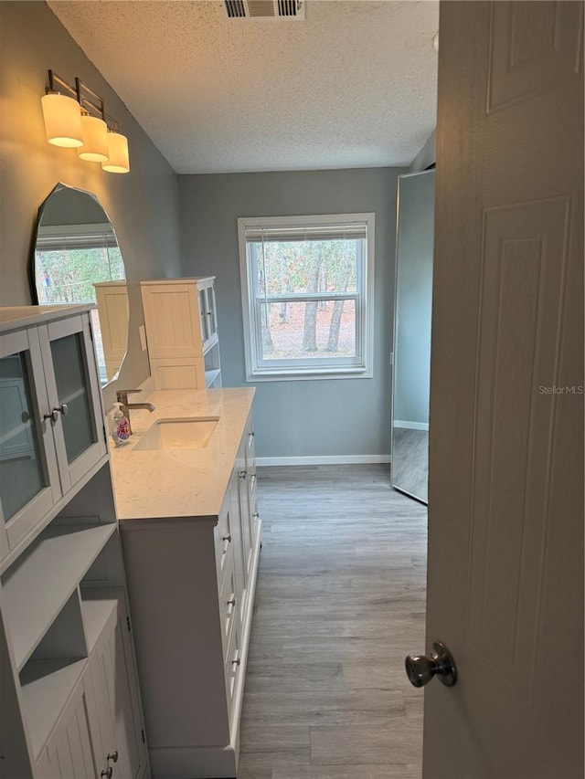 bathroom with a textured ceiling, visible vents, wood finished floors, baseboards, and vanity