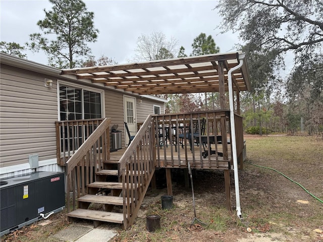 wooden deck featuring stairs, a pergola, and cooling unit