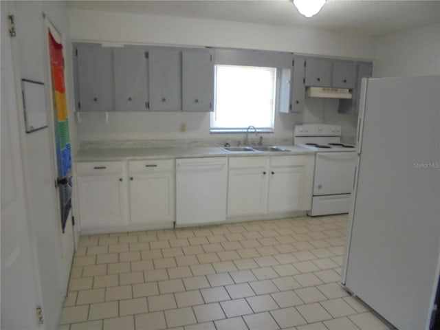 2912 NE 24th Ct, Ocala, FL 34479 - kitchen with range hood, light countertops, a sink, white appliances, and white cabinetry