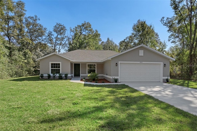 ranch-style home with a shingled roof, a garage, stucco siding, a front yard, and concrete driveway