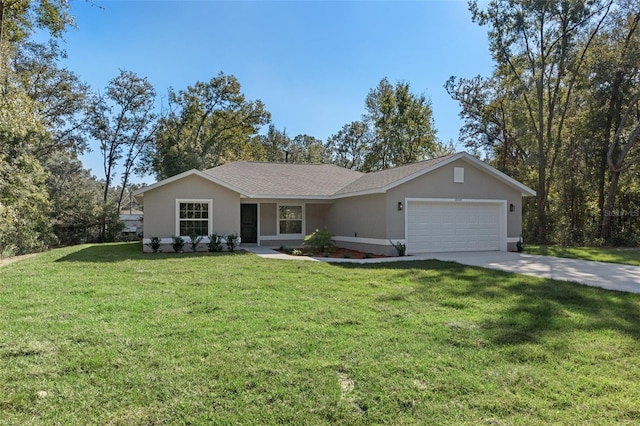 single story home with stucco siding, an attached garage, driveway, and a front lawn