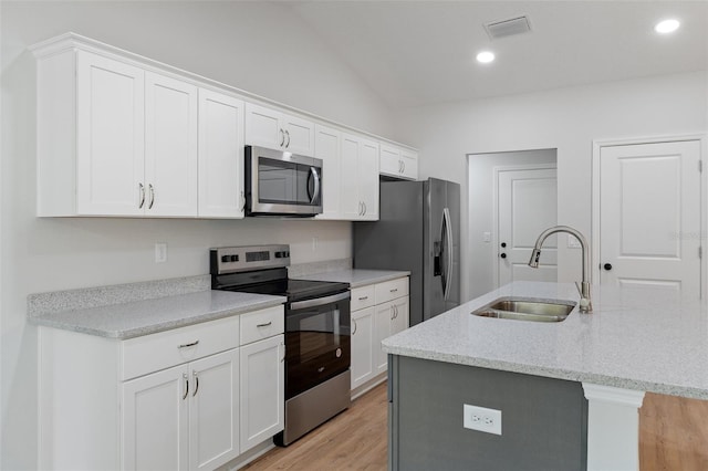 kitchen featuring appliances with stainless steel finishes, a sink, white cabinetry, visible vents, and a center island with sink