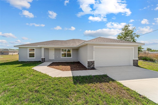 view of front of property with stucco siding, a garage, stone siding, concrete driveway, and a front yard