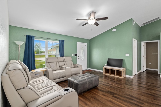 living area with wood finished floors, baseboards, ceiling fan, and lofted ceiling