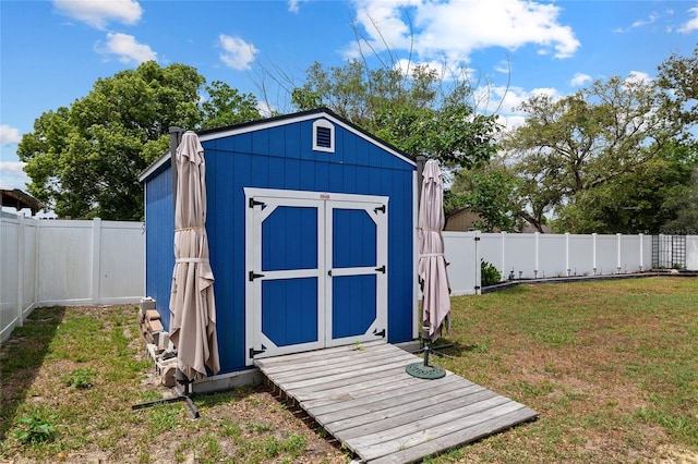 view of shed featuring a fenced backyard