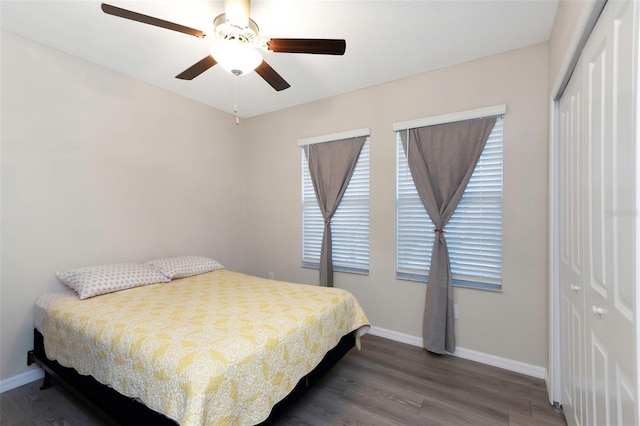 bedroom featuring baseboards, multiple windows, wood finished floors, and a closet