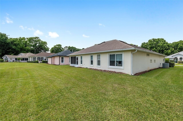 6858 SW 111th Loop, Ocala, FL 34476 - rear view of house with a lawn, central air condition unit, and stucco siding