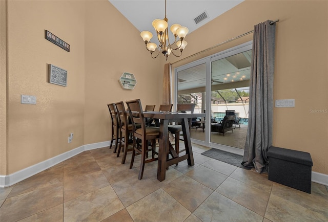 dining room with baseboards, a chandelier, vaulted ceiling, and visible vents