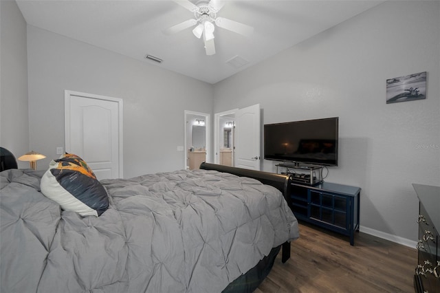 bedroom with visible vents, a ceiling fan, baseboards, and dark wood-type flooring