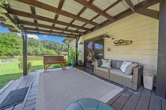 13232 NE 39th Ter, Anthony, FL 32617 - view of patio with french doors, an outdoor hangout area, fence, and a wooden deck