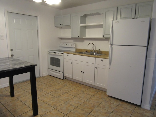 kitchen featuring open shelves, a sink, white appliances, white cabinetry, and light tile patterned floors