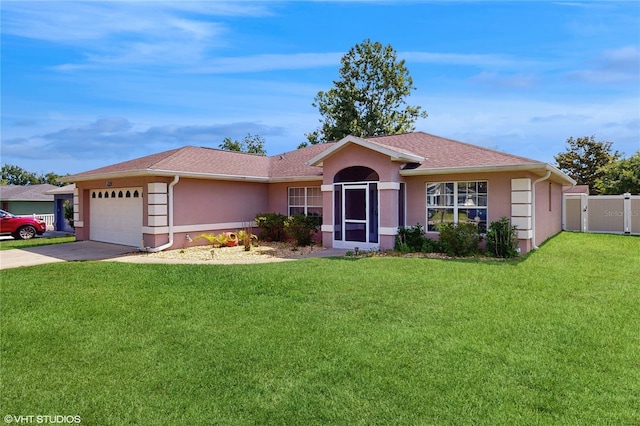 ranch-style home featuring driveway, fence, an attached garage, stucco siding, and a front lawn