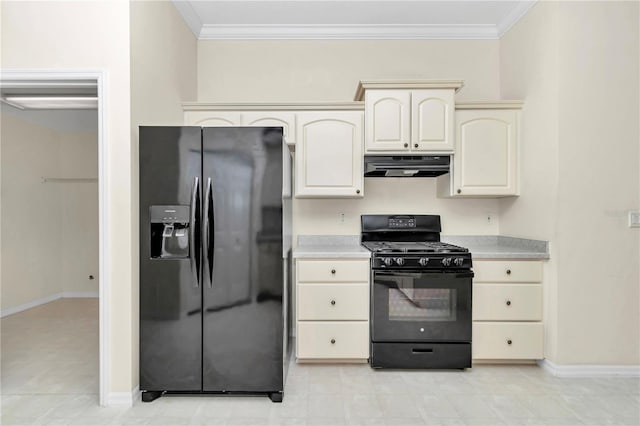 kitchen featuring light countertops, exhaust hood, ornamental molding, and black appliances