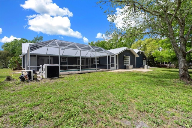 260 Country Circle Dr W, Port Orange, FL 32128 - back of house featuring a patio, central air condition unit, a yard, an outdoor pool, and glass enclosure