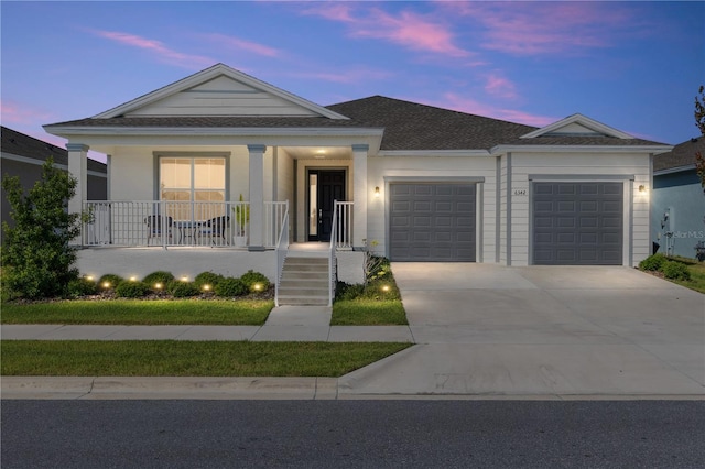 6342 SW 77th Ave, Ocala, FL 34474 - view of front facade with an attached garage, concrete driveway, a porch, and roof with shingles