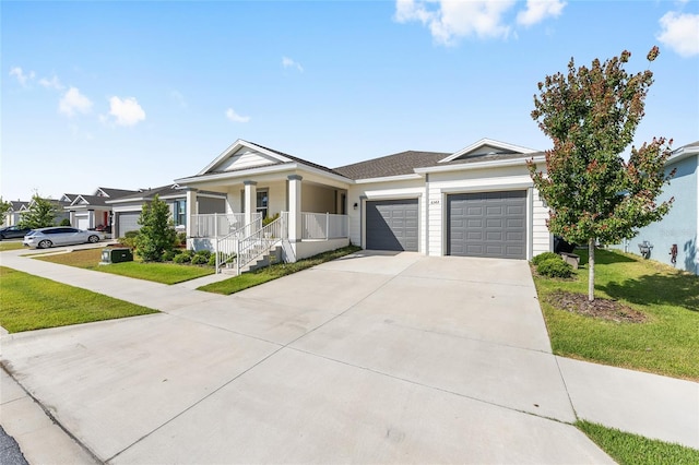 6342 SW 77th Ave, Ocala, FL 34474 - ranch-style home featuring covered porch, concrete driveway, an attached garage, and a front lawn