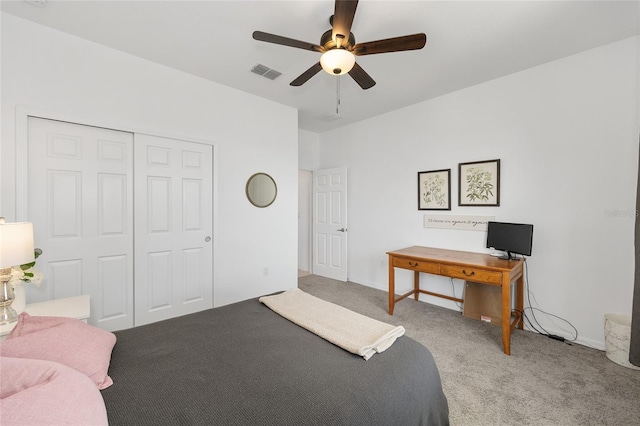 6342 SW 77th Ave, Ocala, FL 34474 - bedroom featuring a ceiling fan, a closet, visible vents, and carpet floors