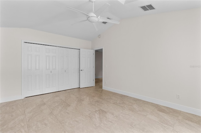 170 SW 80th St, Ocala, FL 34476 - unfurnished bedroom with lofted ceiling, baseboards, a closet, and ceiling fan