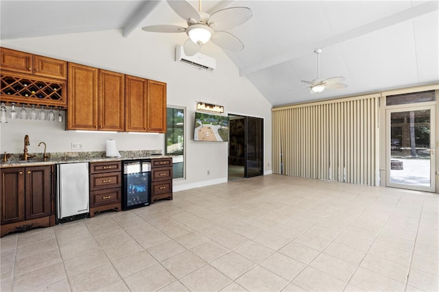 170 SW 80th St, Ocala, FL 34476 - kitchen with wine cooler, fridge, a ceiling fan, light tile patterned floors, and a sink