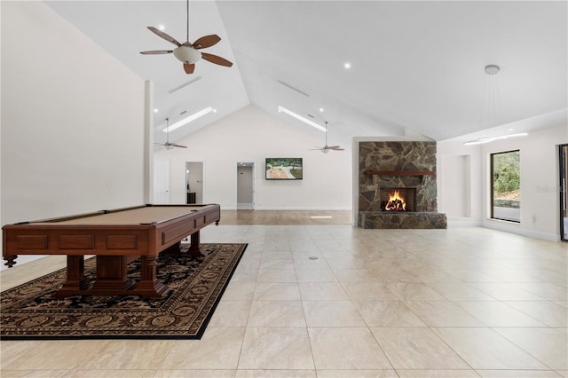 170 SW 80th St, Ocala, FL 34476 - game room featuring ceiling fan, high vaulted ceiling, pool table, a stone fireplace, and light tile patterned floors