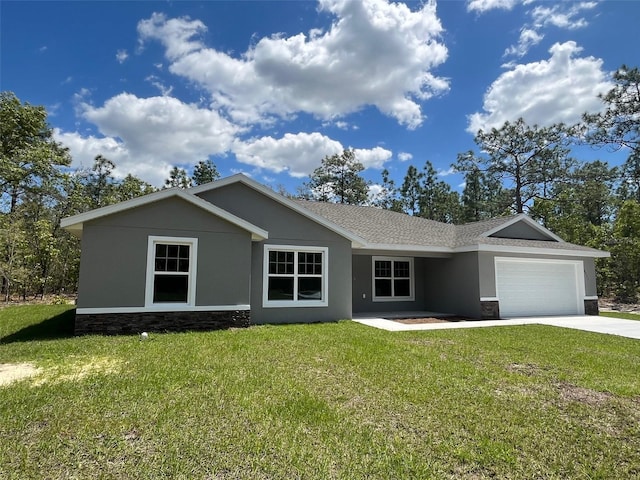 ranch-style house with stone siding, a garage, driveway, and a front lawn