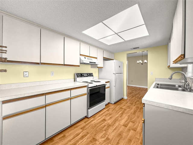 6263 SW 107th St, Ocala, FL 34476 - kitchen featuring a sink, visible vents, white appliances, under cabinet range hood, and light wood-style floors