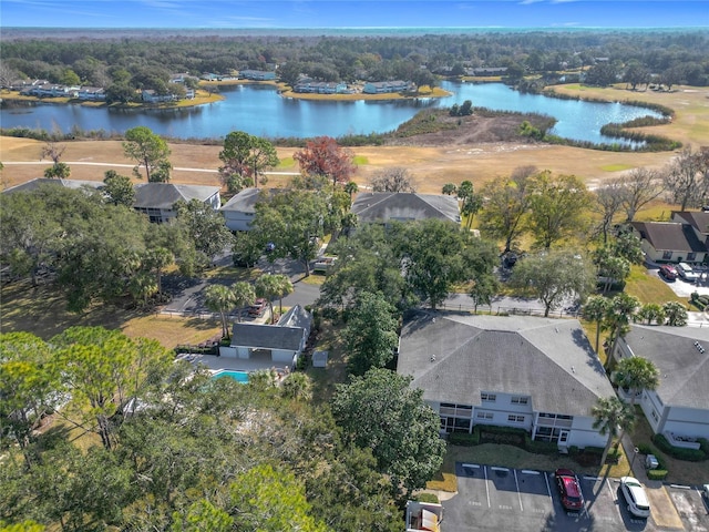 drone / aerial view with a water view