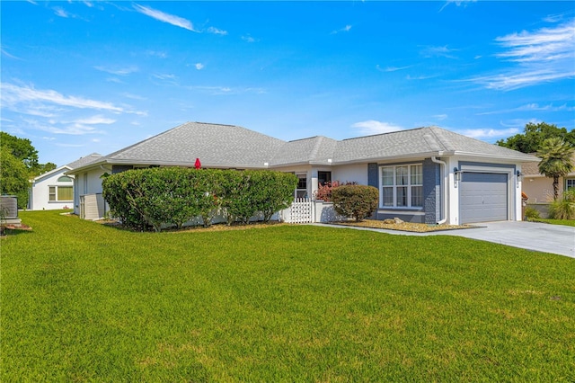 6758 SW 114th Street Rd, Ocala, FL 34476 - ranch-style home featuring a garage, stucco siding, a front lawn, a shingled roof, and driveway