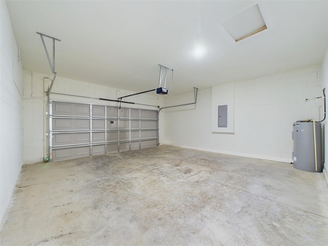 garage featuring electric panel, water heater, concrete block wall, and a garage door opener