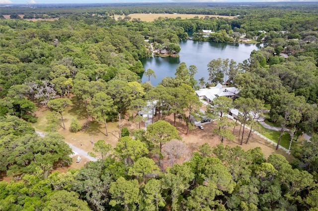 drone / aerial view with a wooded view and a water view
