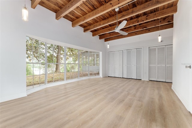 unfurnished bedroom with light wood finished floors, multiple closets, ceiling fan, beamed ceiling, and wooden ceiling