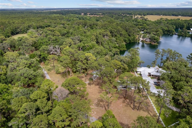 birds eye view of property featuring a water view and a view of trees
