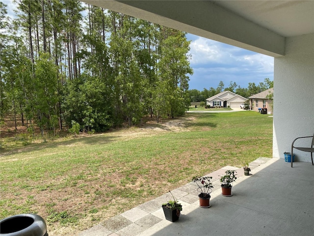 view of green lawn featuring a patio